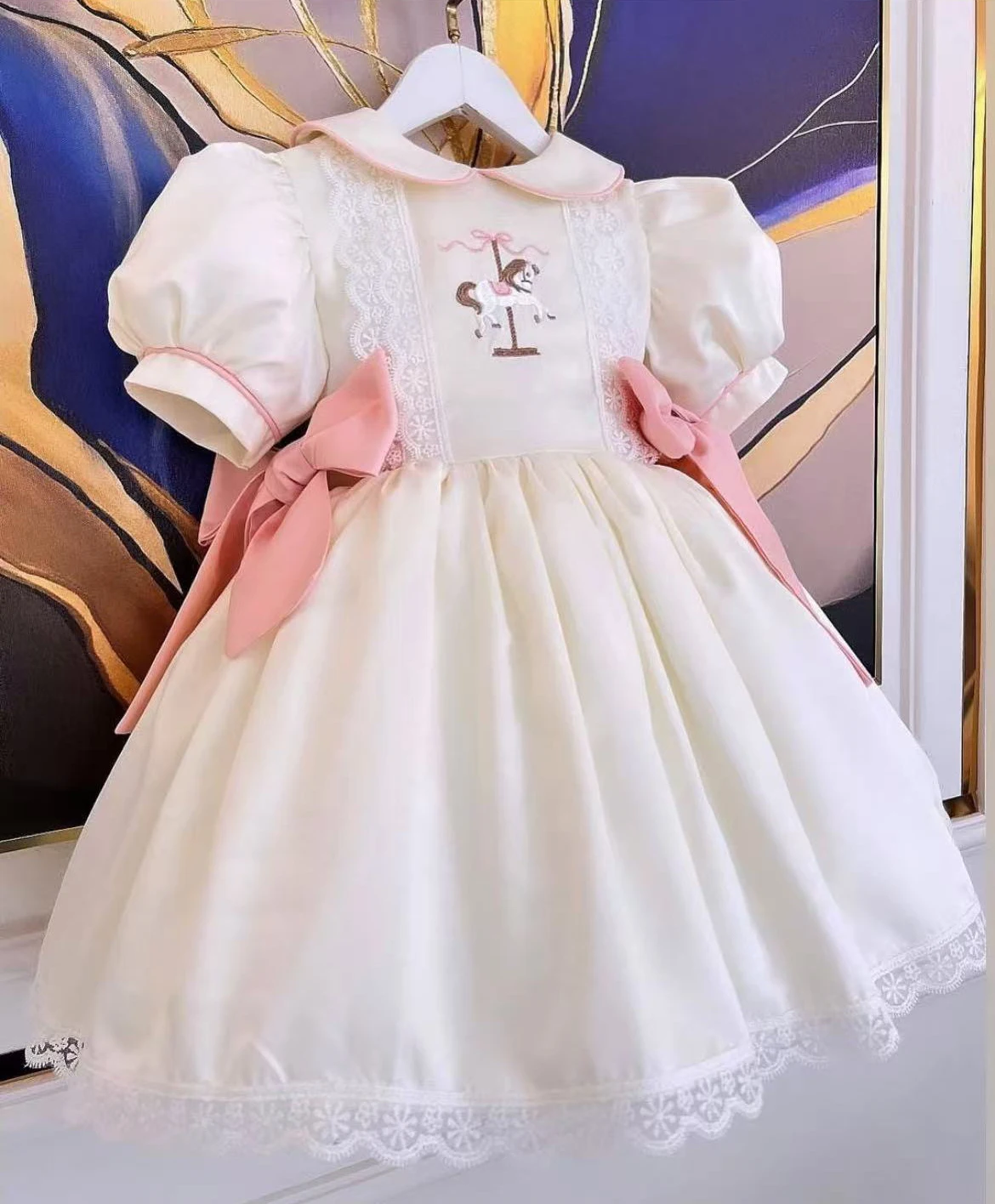 

0-12Y Baby Girl Summer White Horse Embroidery Vintage Princess Ball Gown Dress for Party Eid Birthday Usual Photograph B334