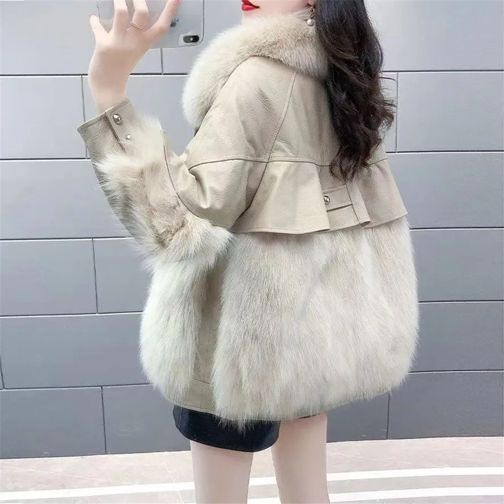 Women\'S PU Leather Loose Coat, Faux Fox Hair, Splice, Mid-Length, Thickened, Warm, Fashion, New, Winter, 2024