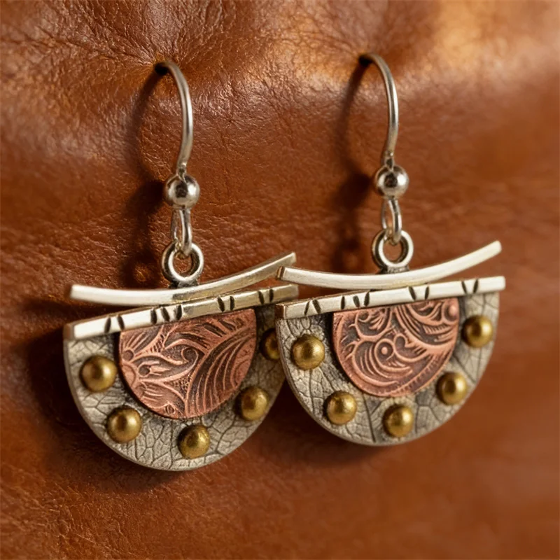 Ethnic Bronze Semicircle Hook Earrings Vintage Metal Two Tone Carving Pattern Handmade Drop Earrings for Women Jewelry