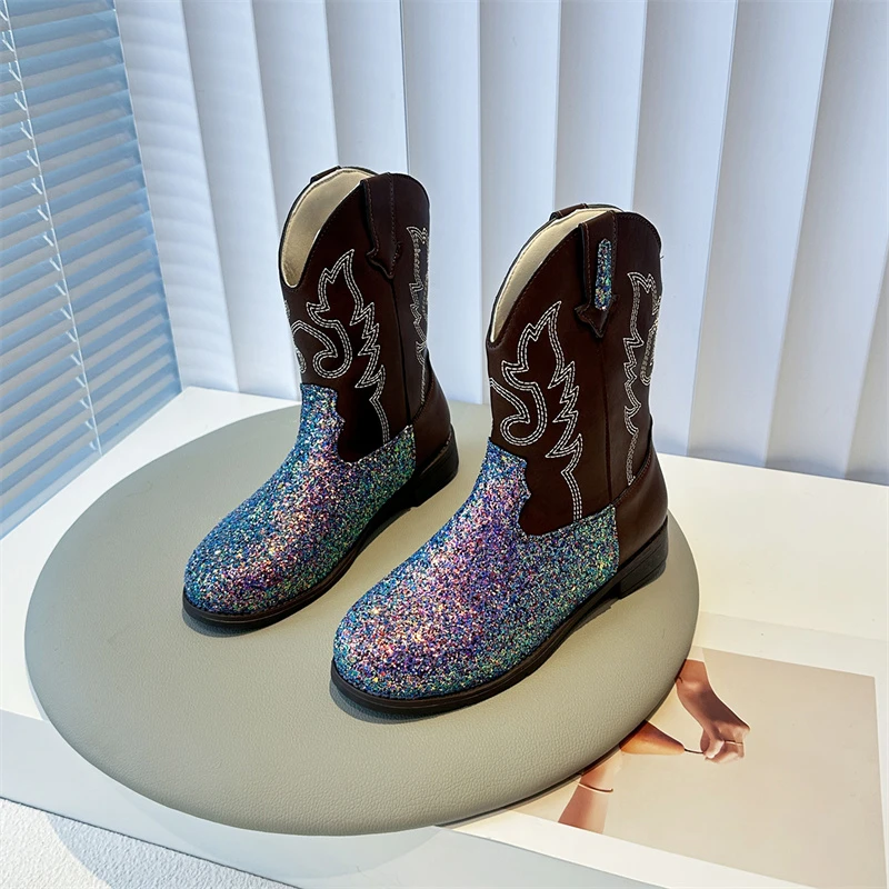 

Весенне-осенние детские кожаные сапоги с блестками, новые модные подиумные сапоги принцессы для девочек, повседневные детские сапоги до середины икры для свадебной вечеринки