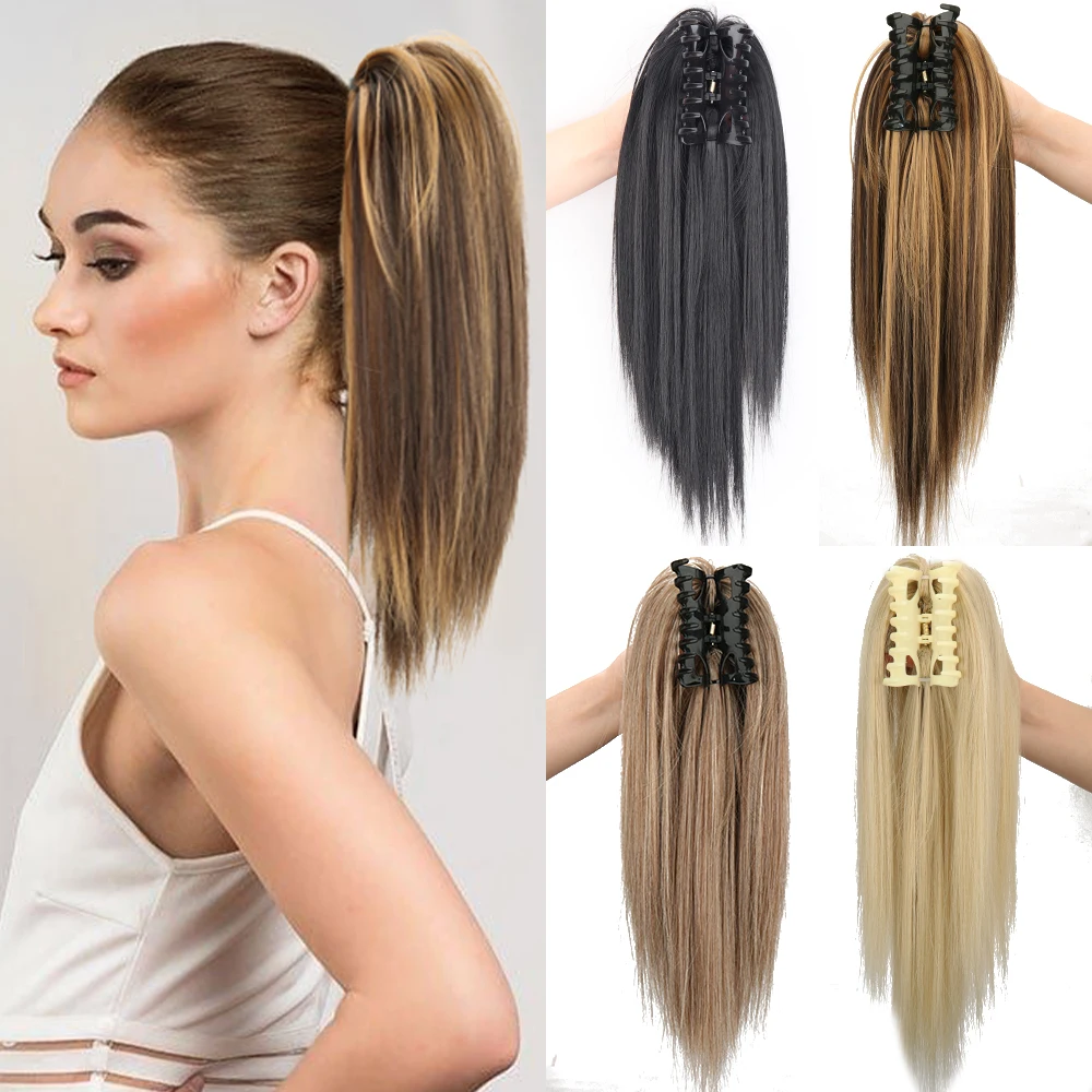 

Synthetic 16Inch Claw Clip Ponytail Hair Extensions Waterfall Straight Ponytail Blonde Brown Heat Resistant Pony Tail Fake Hair