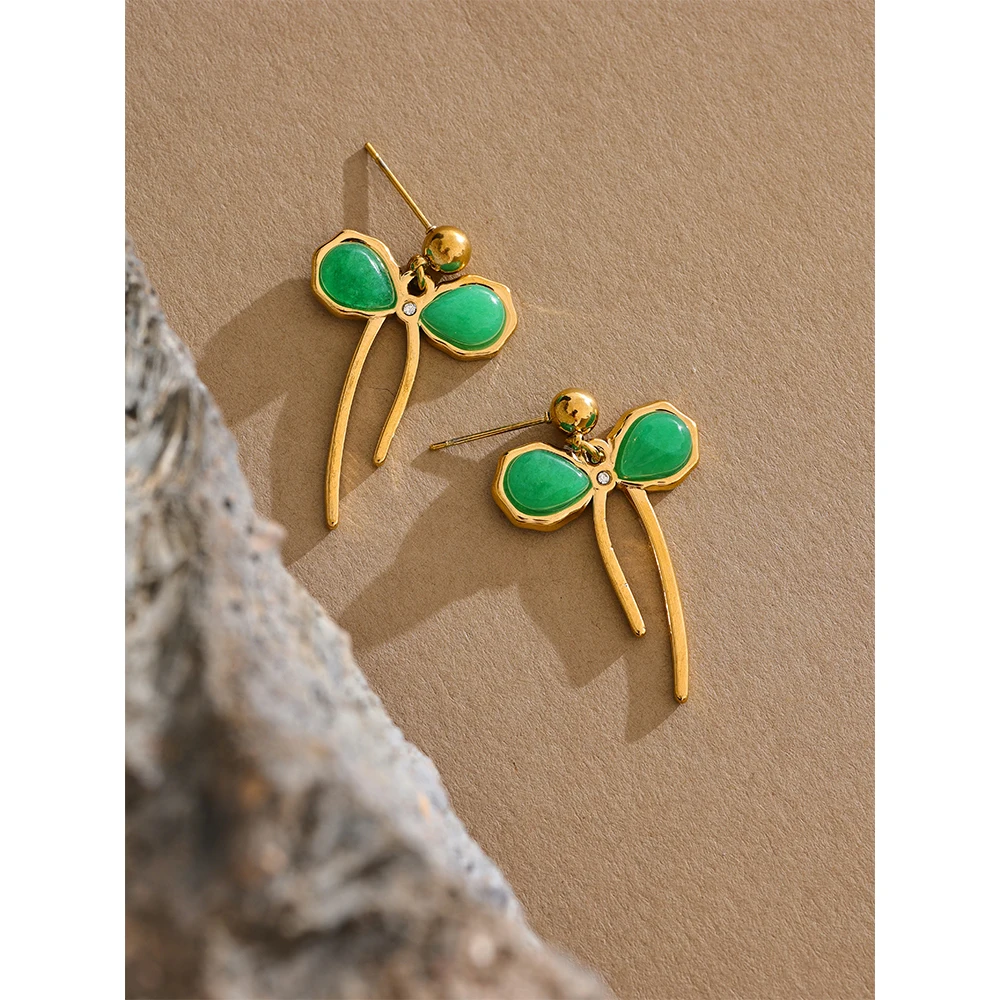 Yhpup Stainless Steel Green Color Stone Stainless Steel Bow Knot Earrings Jewelry for Women