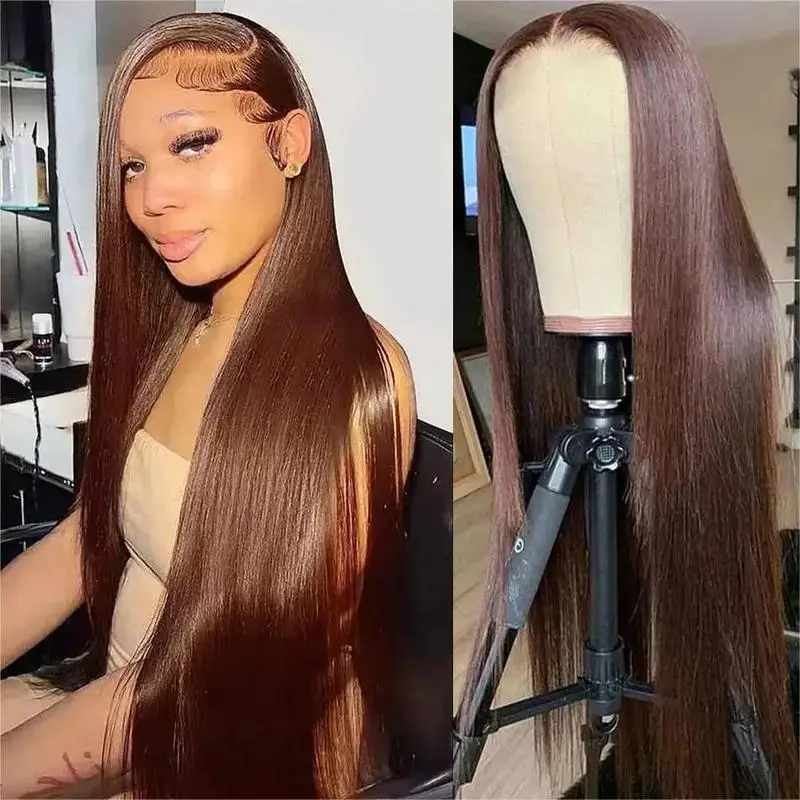 Brown Straight Lace Front Wigs Human Hair 26 Inch Chocolate Brown Lace Front Wig Straight 13x4 HD Transparent Lace Frontal Wigs