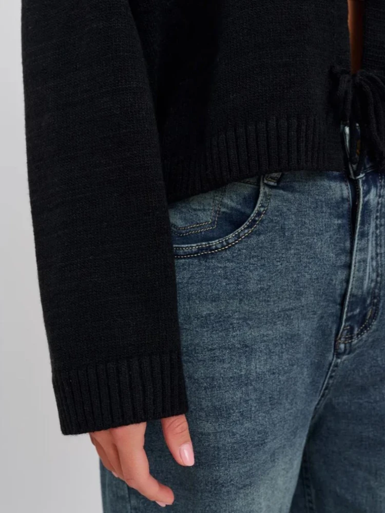 トッシーニットレースアップソリッドカーディガンコート女性通勤ラウンドネックルーズ長袖カジュアルセーター女性ニットウェアカーディガンコート