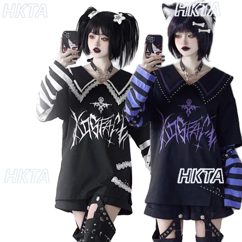 Subculture Dark Stripe Splicing Printing Navy Collar Long Sleeve Tshirt Women Autumn New Loose Casual Graphic T Shirts Y2k Top