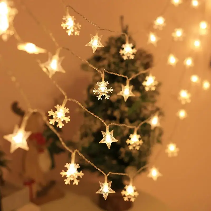 LED Christmas Star String Lights 20 LED Star And Snowflake Waterproof Warm White Window Lights 9.84FT Holiday Fairy Lights For