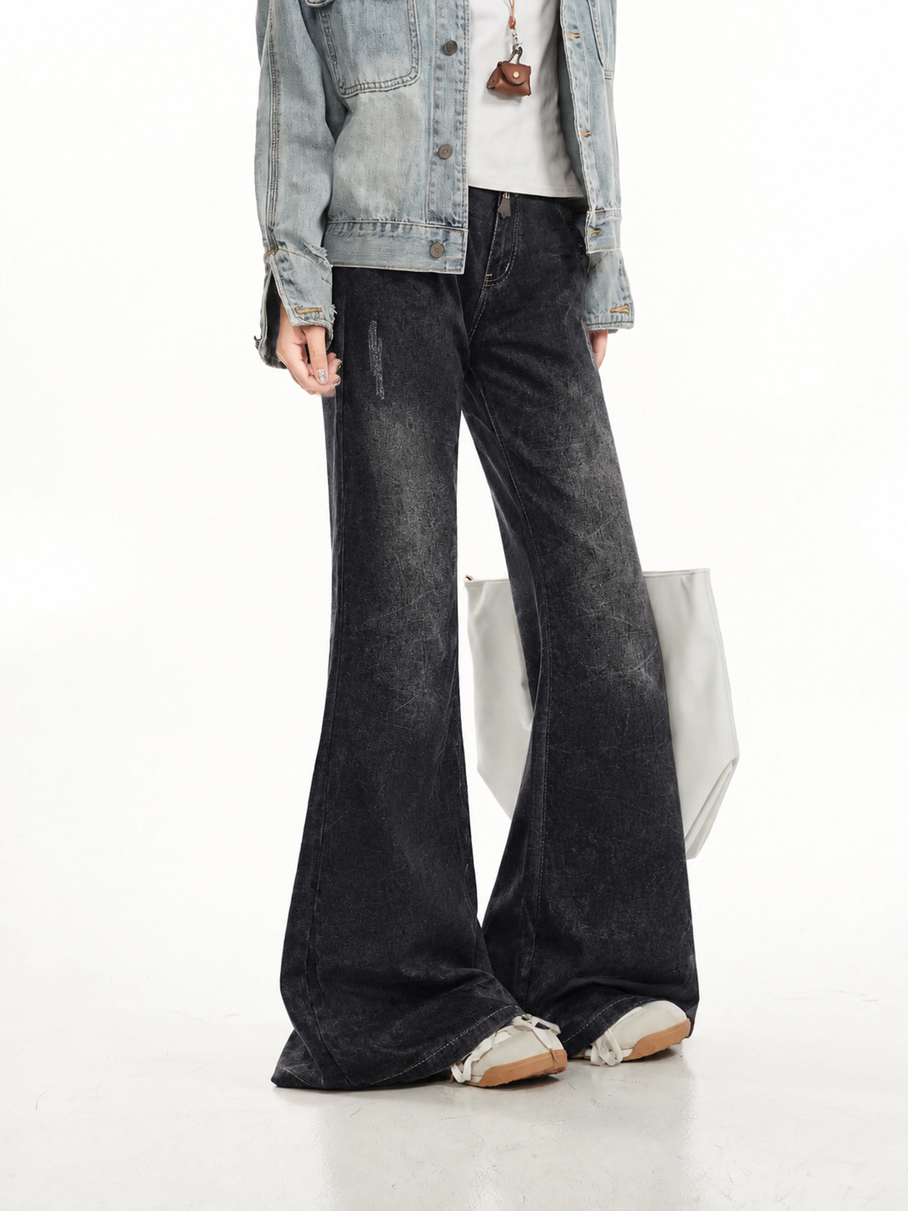 Ant High Waist Bell Bottom Denim Jeans Women's Vintage Wash Slimming Long Pants Casual Straight Leg Cotton Stretch Jeans