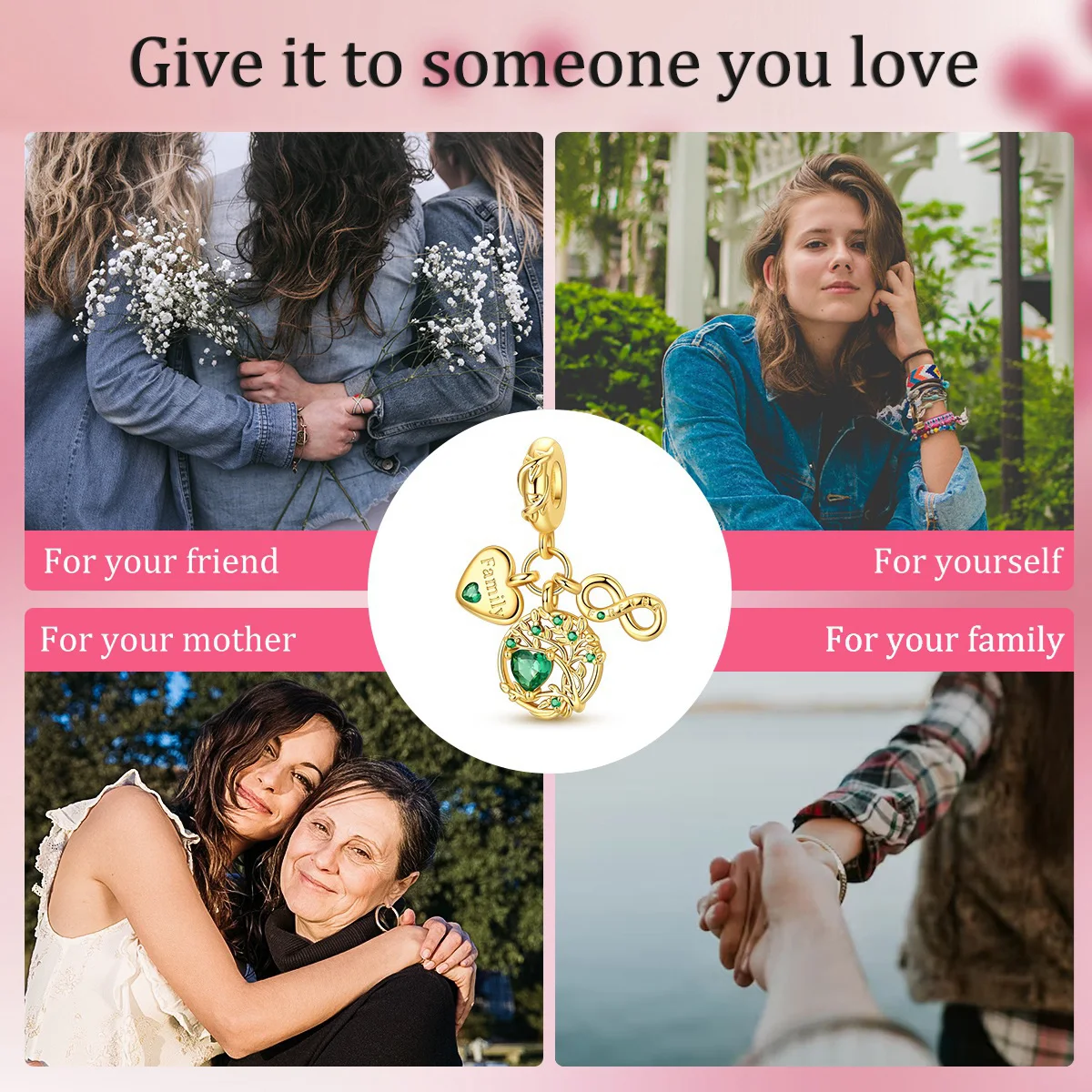 925 Sterling Silver Golden Charm Eternal Love Family Tree fit Original Pendant Bracelet Diy For Woman Fine Jewelry