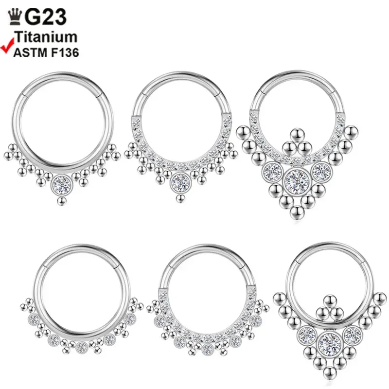 F136 Titanium Clicker Tragus Piercing Nose Ring Hinge Segment Zircon Septum Cartilage Earrings Daith Helix Charming Body Jewelry