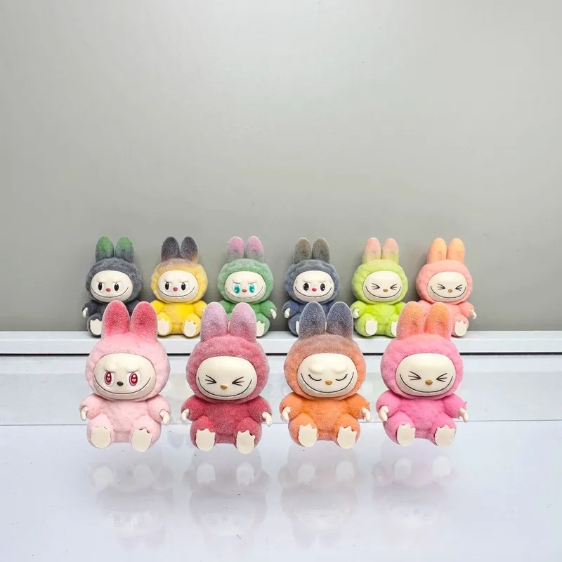 10pcs Gradient Color Labubu Sitting Posture Figurine Mini Plush Glue Cute Particle Diy Decoration Desktop Ornament Surprise Gift