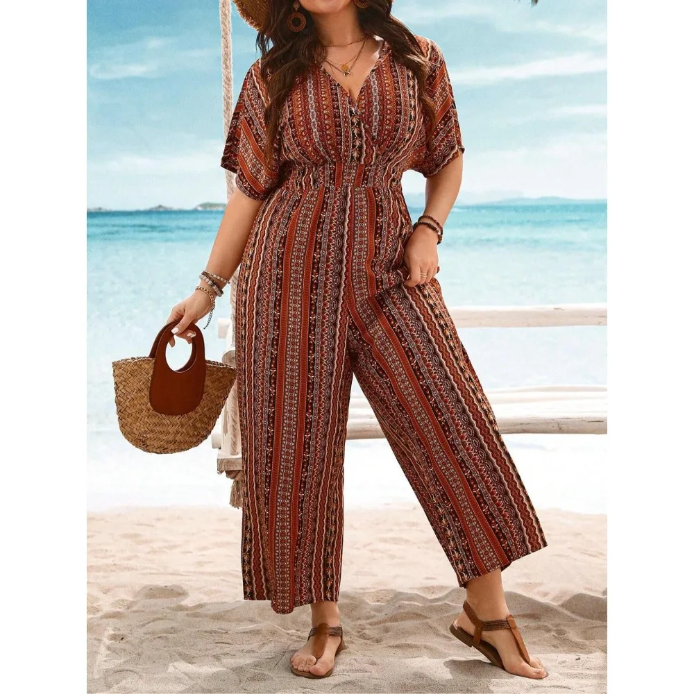 حجم كبير 1XL-5XLFashion المرأة عارضة طباعة قصيرة الأكمام بذلة السيدات عارضة الأزهار المطبوعة الشاطئ بذلة طويلة
