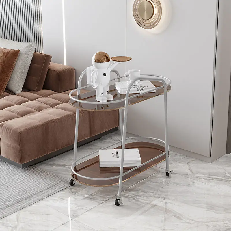 

Italian Light Luxury Living Room Thick 5MM Tempered Glass Trolley Shelf Sofa Side Movable Wheeled Dining Cart Kitchen Islands