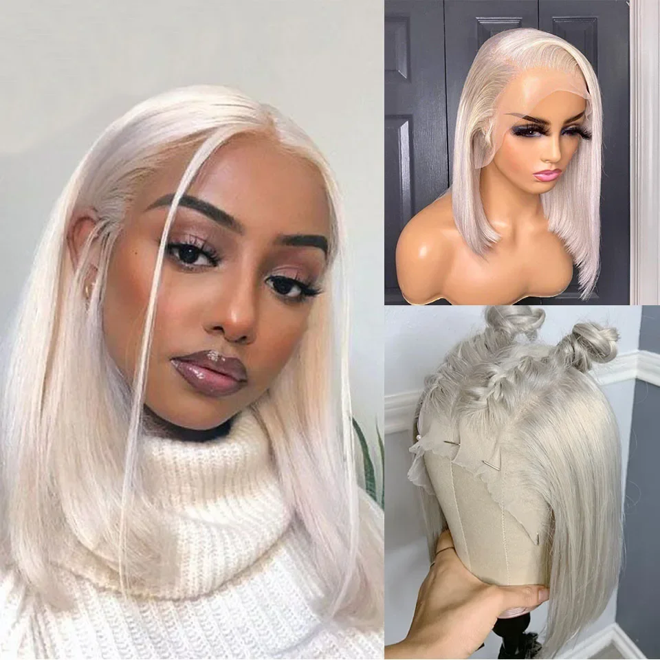 

Ombre Platinum Ash Blonde Short Bob Lace Wig Double Drawn Human Hair Bone Straight 13x4 Lace Frontal Wigs Pre Plucked for Women