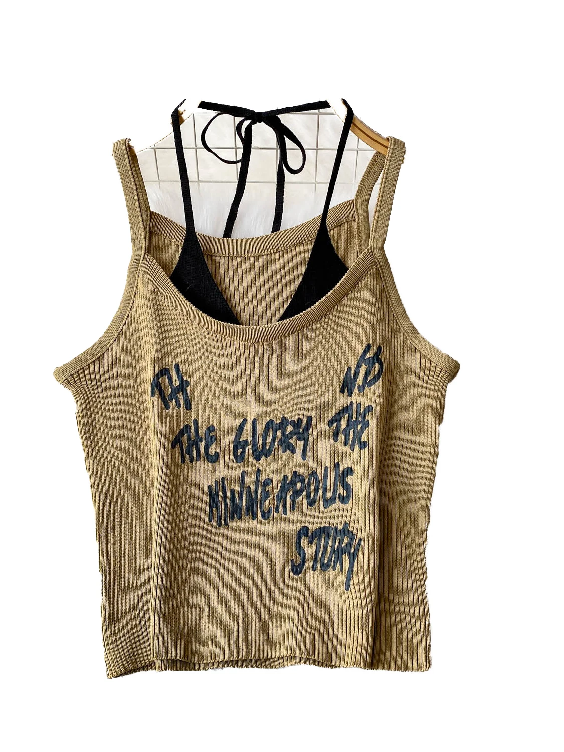 퓨어 디자이어 섹시 니트 스트랩 베스트 여성 여름 레터 프린트 슬림핏 숏탑 스플라이스 디자인 출퇴근 스타일 레귤러 두께