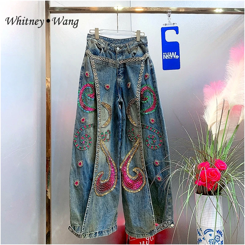 WHITNEY WANG Designer Style 2024 Autumn Winter Fashion Streetwear Sequins Diamonds Wide Leg  Jeans Women Denim Pants Size S-5XL