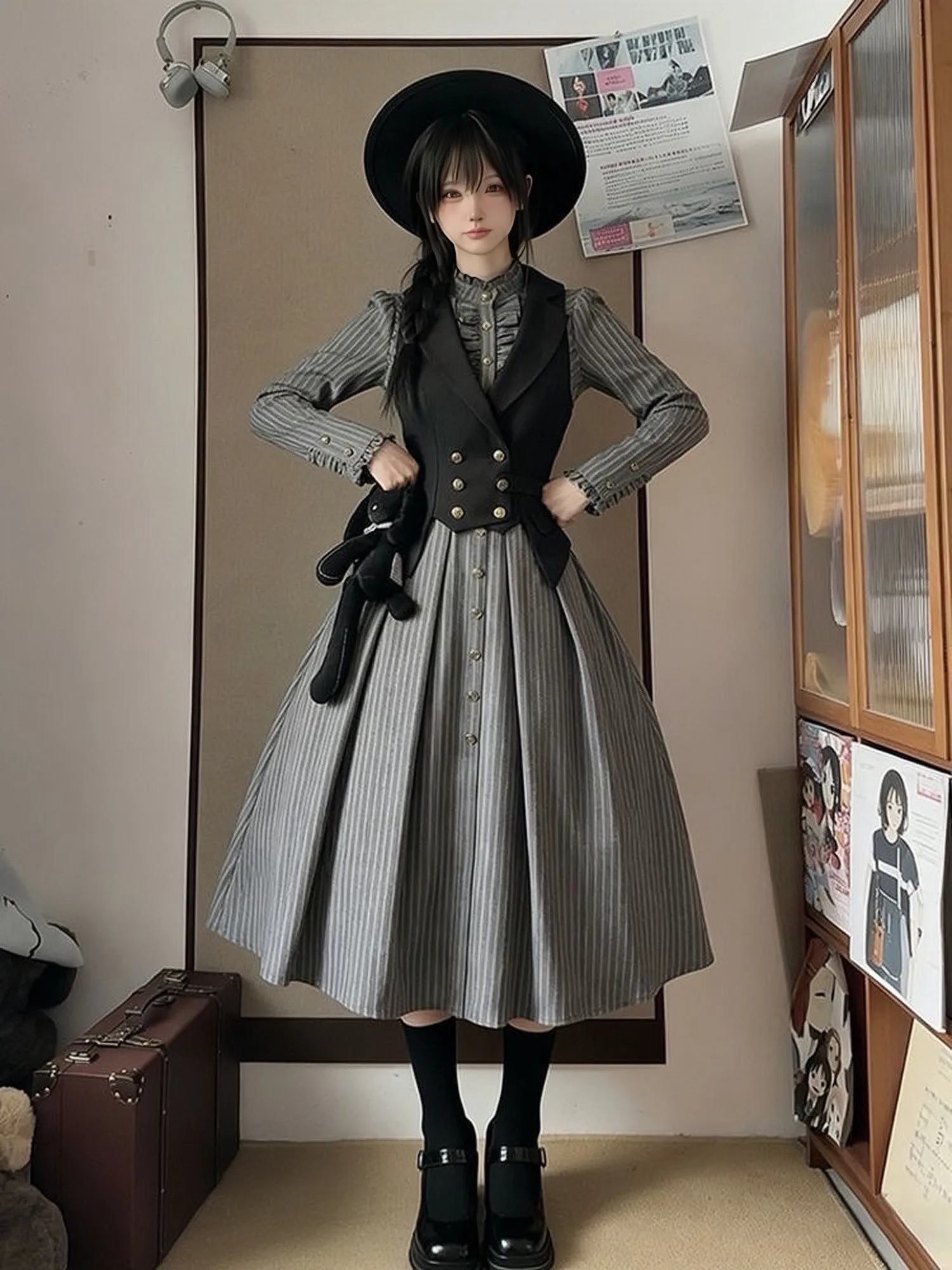 

Vintage Gothic Lolita Two Piece Set Elegant Court Puff Sleeve Sweet Girl Outfit Striped Ruffle Dress + Black Waistcoat Vest