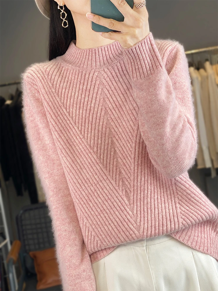 Women's 100% Merino Wool Sweater Mock‑Neck Knit Pullover Loose Fit Thick Solid Basic Casual Fashion Top for Autumn Winter