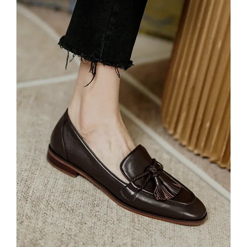 Retro British Style Square Head Women\'s Loafers Shoes 2024 Summer New Style Tassel Comfortable Single Shoes Women Brown Shoes