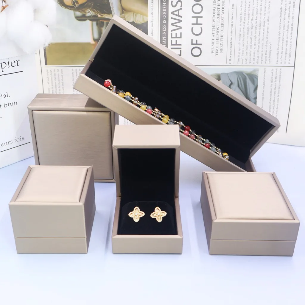 Brushed Gold PU Leather Jewelry Gift Box Black Flocked Lined Storage Box for Ring Earring Necklace Bracelet Pendant Women Gifts