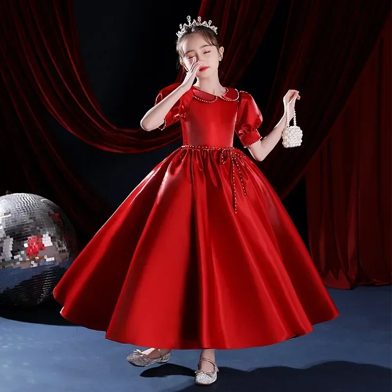 Robe de princesse d'anniversaire pour fille, robe d'hôte pour enfants, robe de spectacle de piano en satin pour fille, fleur, rouge, nouveau