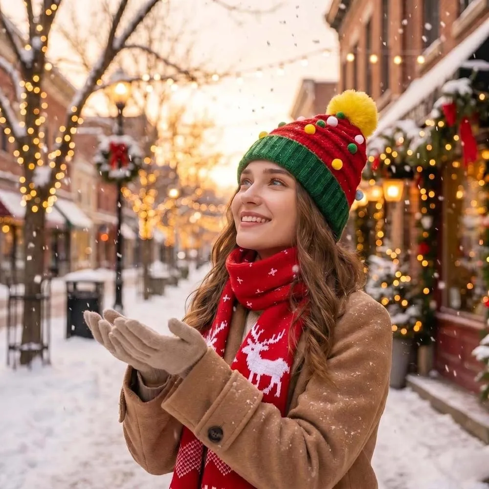 Thermal Yarn Christmas Hat Scarf Pom Bright Colors Xmas Beanie Striped Pattern Double Layered Santa Claus Beanie Winter Travel