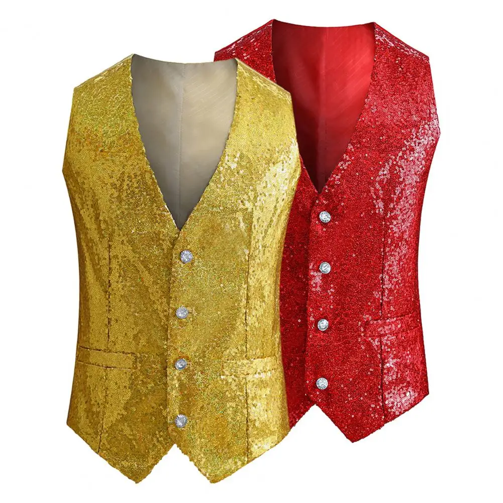 Men Vest Sequin Sleeveless Men's Vest with Adjustable Back Buckle for Stage Show Emcee Performance Slim Fit Cardigan