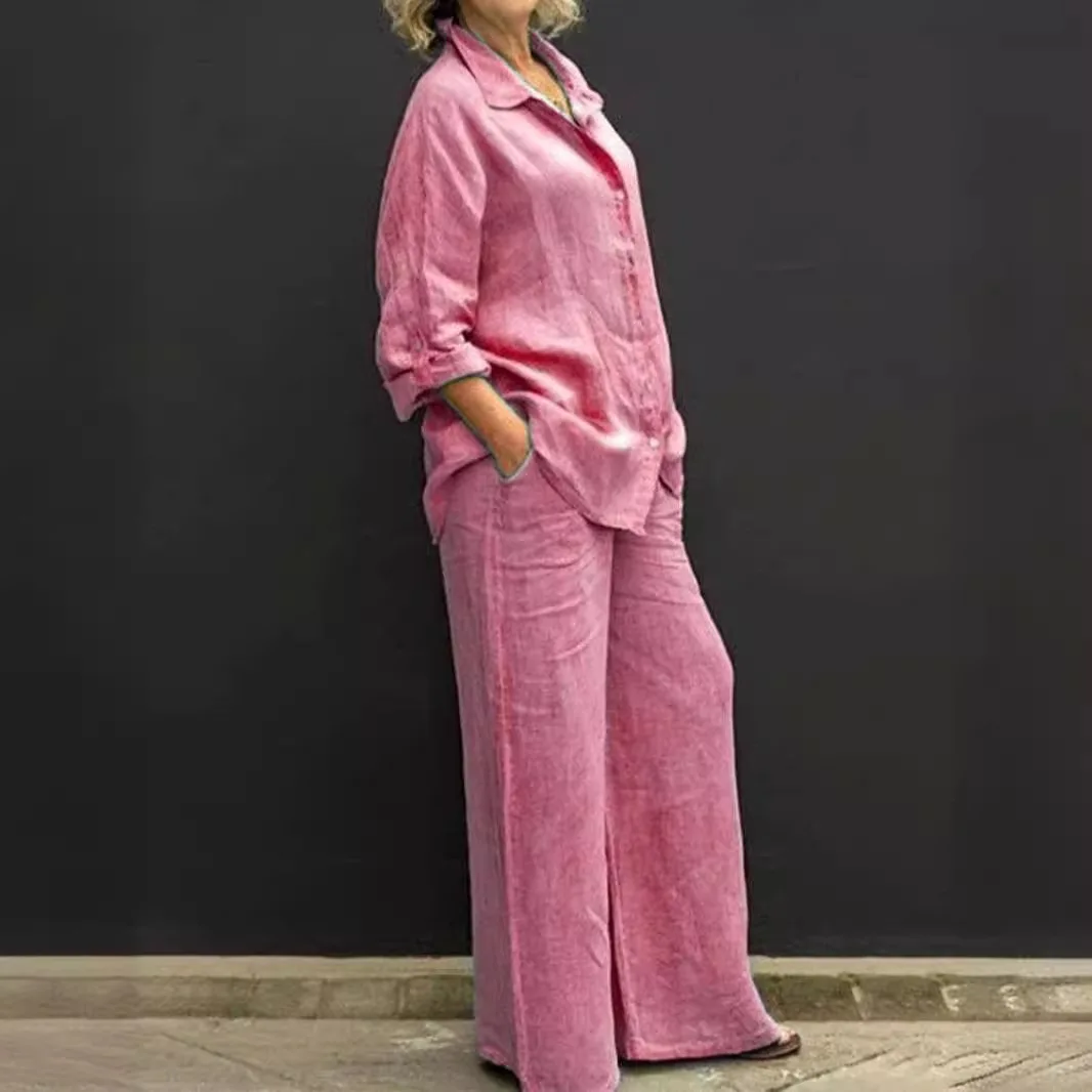 Cotton Linen Pink Set For Women\'s Casual Long Sleeves Buttons Shirt Wide Leg Pants 2 Pieces Sets Trousers Outfis Women Autumn