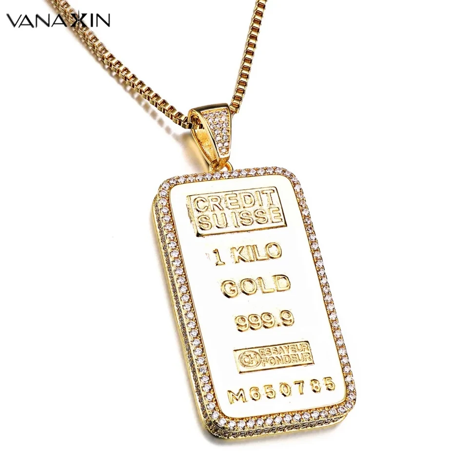 VANAXIN RectangleCoin Credit Suisse Bullion Bar Ingot Badge Pendants Necklace For Men Plated GoldHip Hop Brass Jewelry