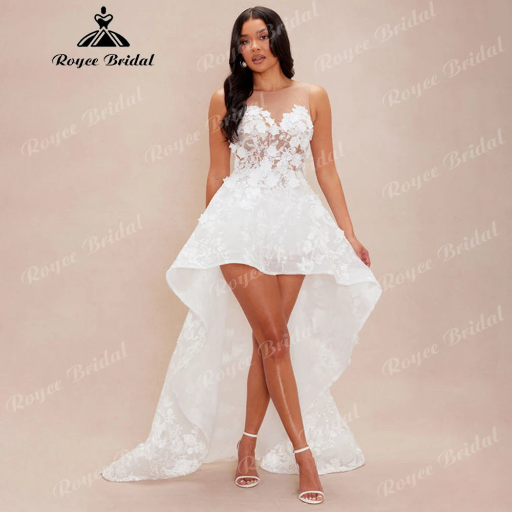 

High-Low Lace Mini Wedding Dress Sheer Neckline with Floral Lace Appliqués Short Front Long Back Bridal Gown Customized