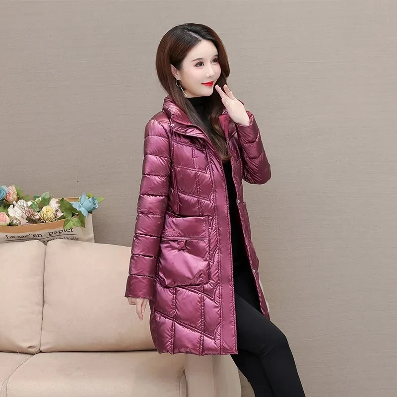 Winter New Bright Surface Jacket Cotton-Padded Clothes Women's Quilted Cotton Cloth Mid-Length Loose Padded Jacket