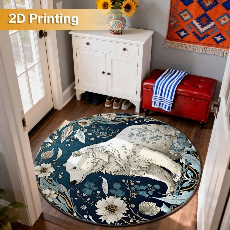 Newest 2D Round Carpet Vintage Polar Bear Floral Forest Round Rug Non Slip Animal Themed Bedroom Carpet