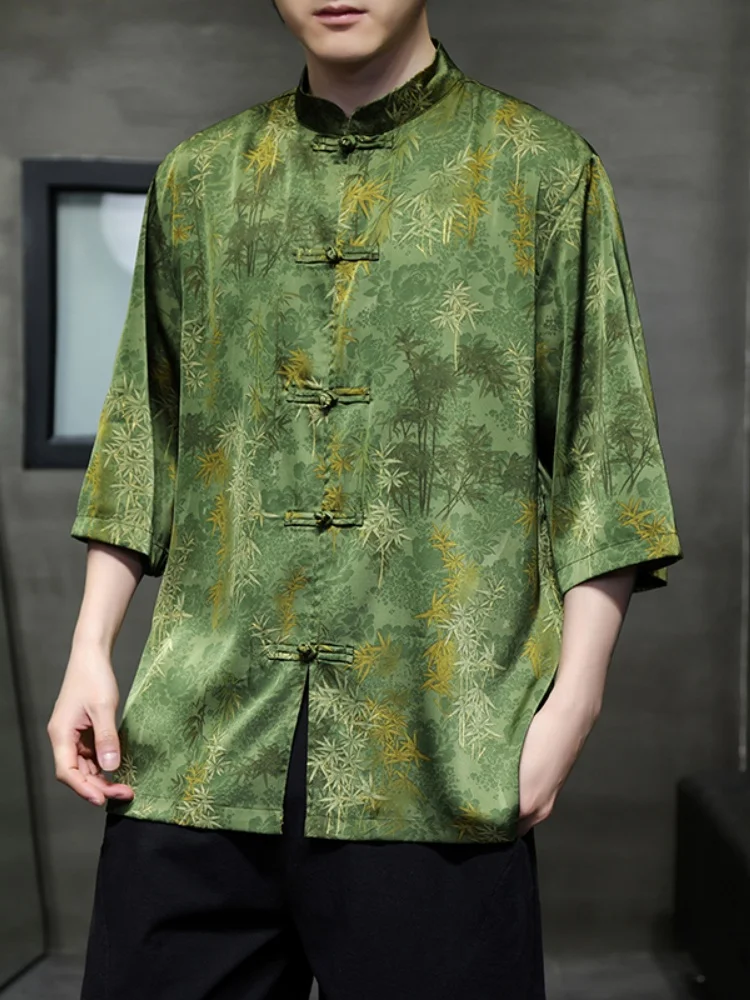 

Ice Silk Men's irt ort Sve Thin Cool Feeling Summer New Sle Hanfu Chinese Traditional Youth Faion Stand Fit Pri...