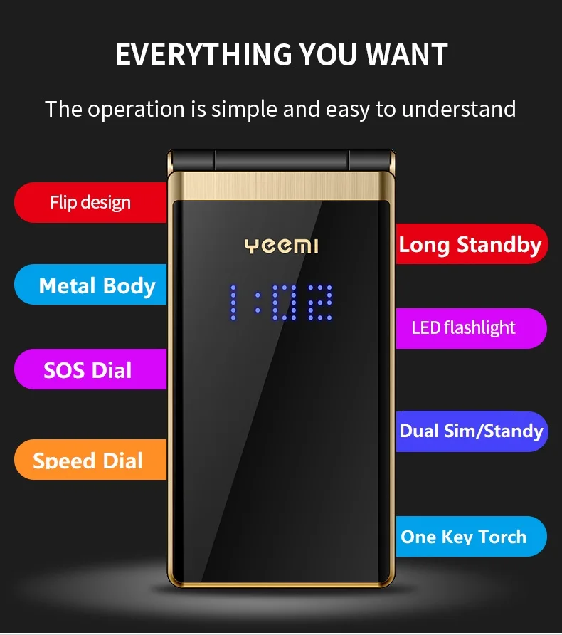 Foldable Dual-Screen Mobile Phone 2G GSM Flashlight Easy to Use Dual SIM Blacklist Quick Dial SOS Elderly Foldable Mobile