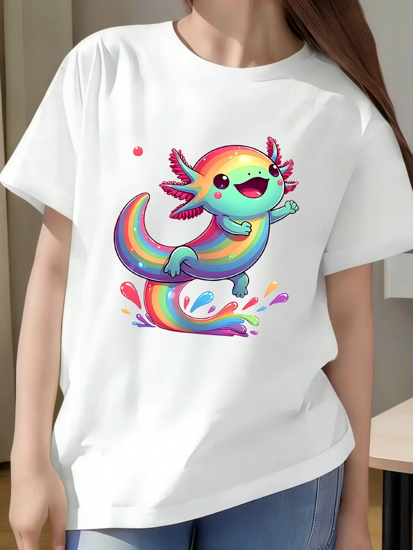 Kids Family Matching T Shirt Cute Rainbow Axolotl Water Splash Print Short Sleeve Cotton Tops For Boys Girls Daily Casual Outfit