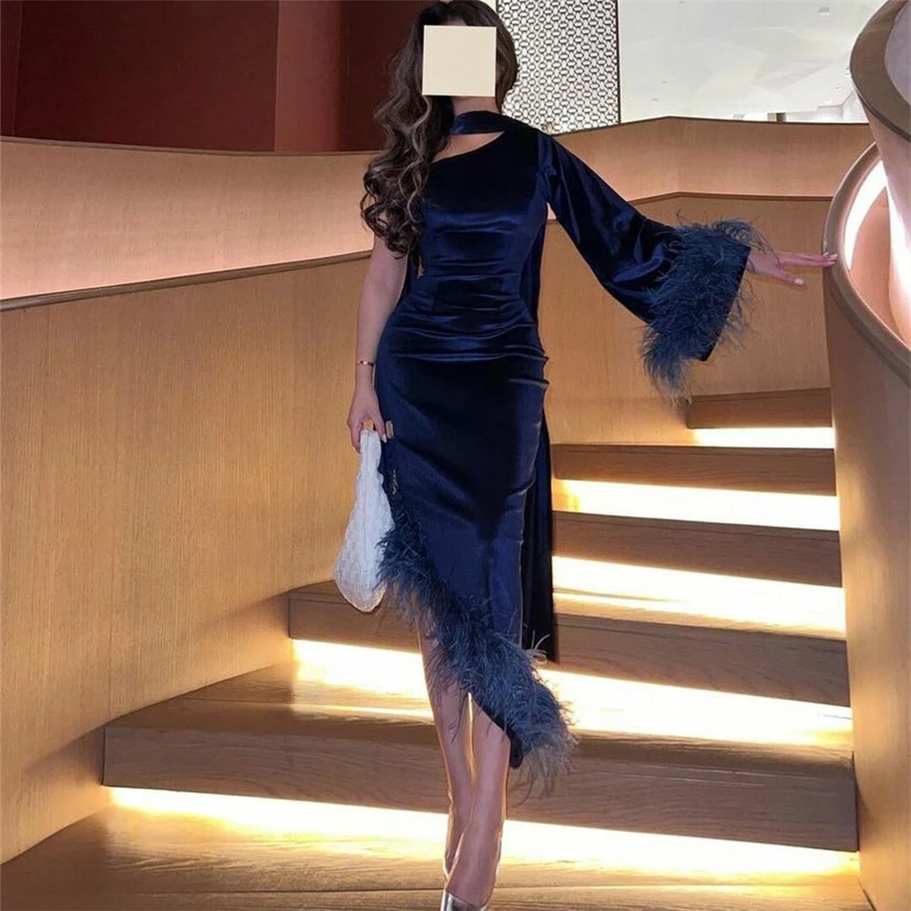 

Retro Royal Blue One Shoulder Feather Velour Mermiand Formal Occasion Prom Dresses Slit Tea-length Women Evening Party Dress