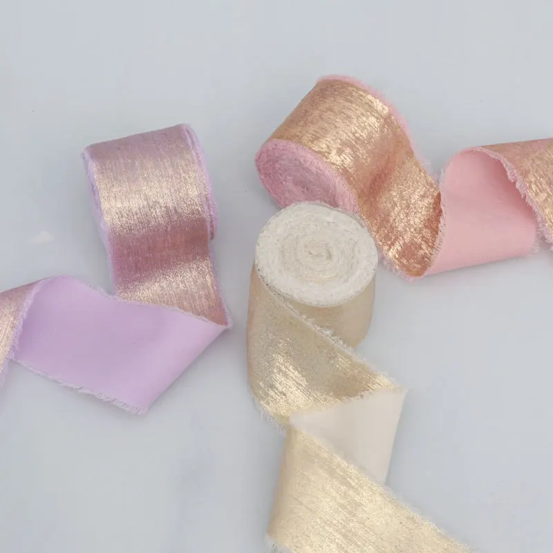 50 Yards handgefertigtes Band mit Fransen, Bänder für Blumensträuße, Geschenkverpackungen, DIY-Bastelarbeiten, Partydekorationen, 4 cm, goldgeprägtes Seidenband – Detail 4
