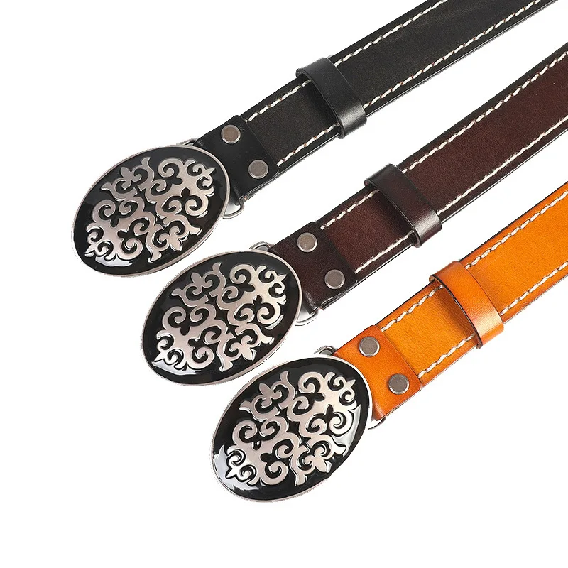 Genuine leather belt made of top-grain cowhide with vintage smooth buckle