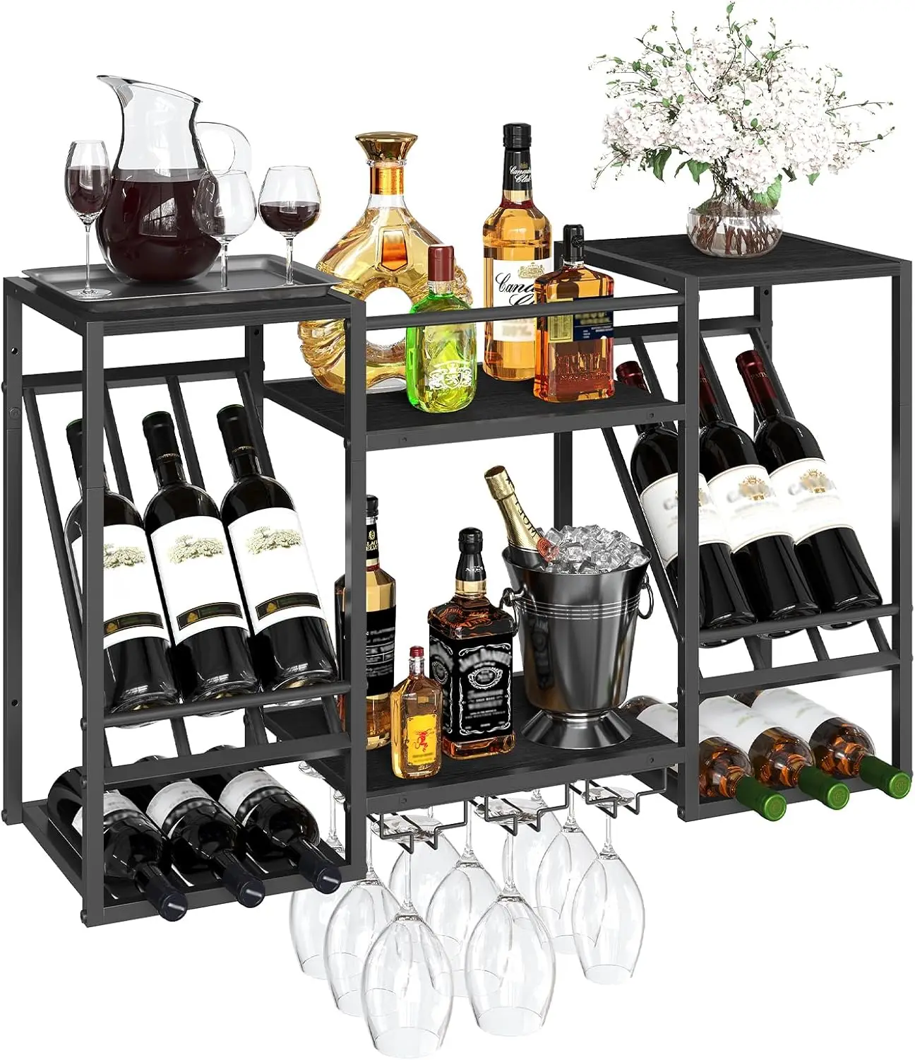 

Wall Mounted Wine Rack, 3-Tier Floating Shelf With Glass And Bottle Holders Display Storage, For Dining Room, Kitchen, Living