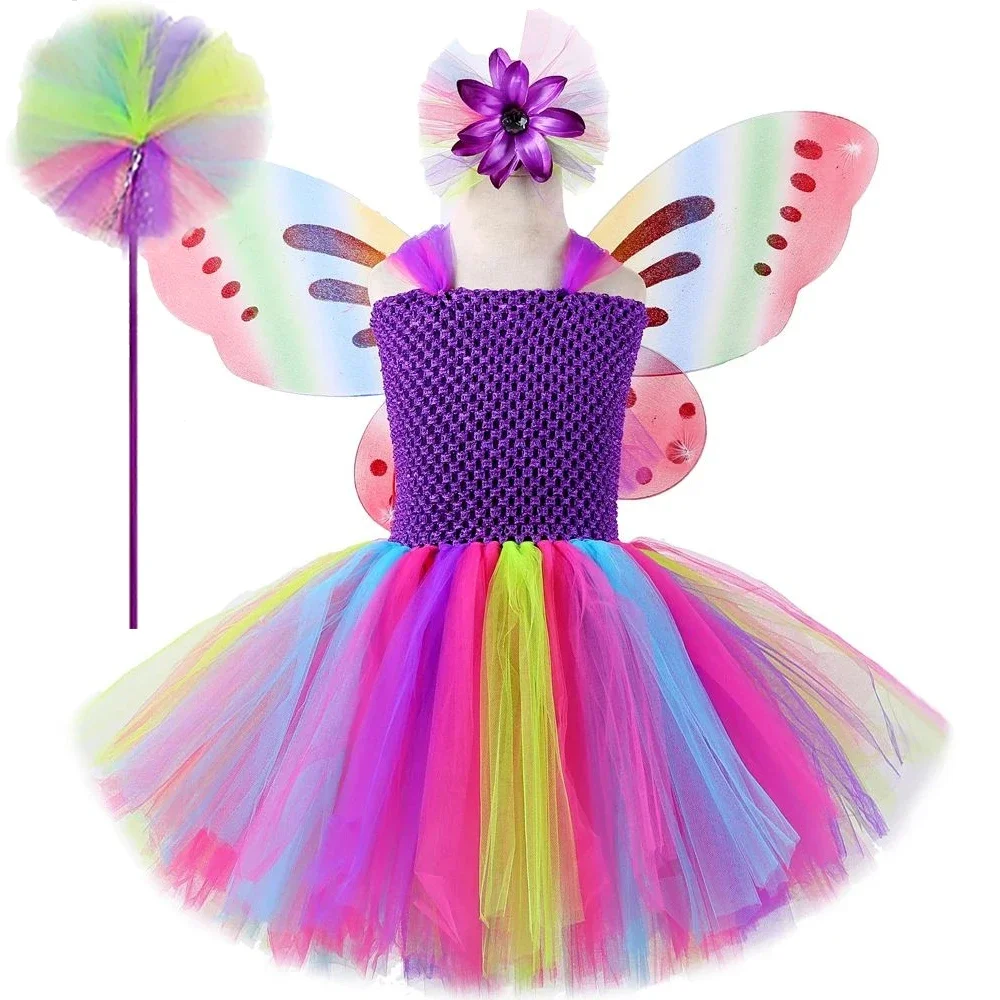 Rainbow Fairy Princess Costumes for Girls Kids Christmas Halloween Fancy Dresses with Butterfly Wings Children New Years Outfit