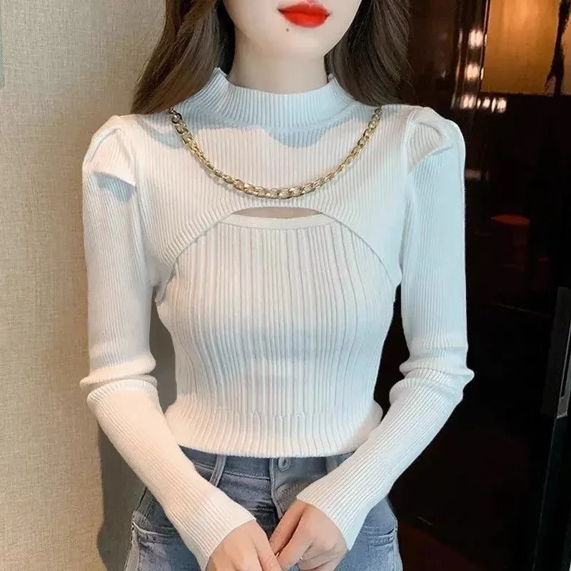 Fdfklak Spring Autumn Women Sweaters Sleeves Half-high Collar Bottoming Shirt Knitwear Yellow Orange Pullovers Korean Jumpers