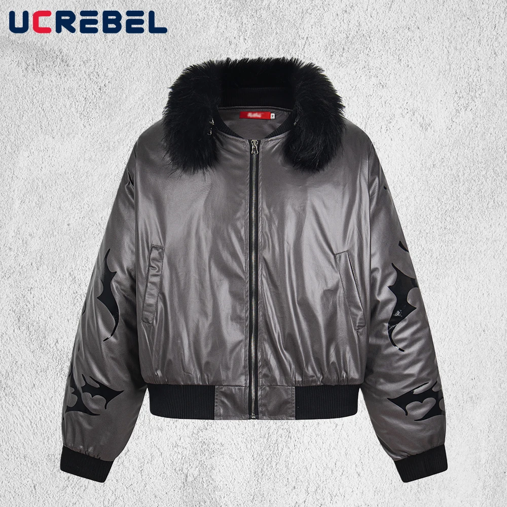 Męska kurtka retro z nadrukiem, pikowana, w stylu Y2k, zimowa, gruba, z długim rękawem, z futrzanym kołnierzem, ocieplana.