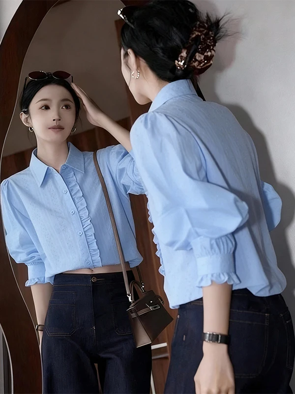 

Women's Fce Lined Thiened Cotton irt Warm Inner Wear Casual Sle Bubble Sve Long Sve Button up Top for Winter