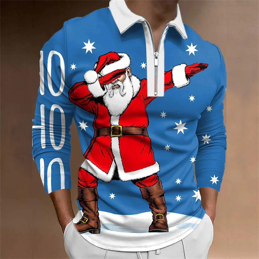 Natale 2024 Abbigliamento da golf Uomo Pupazzo di neve Anime Stampa grafica Novità Polo con risvolto Top Moda Cerniera T-shirt a maniche lunghe Uomo