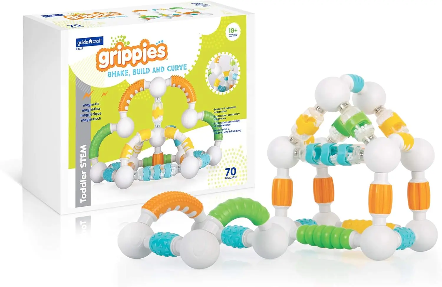 

Grippies Shake, Build and Curve - 70 Piece Set: Magnetic STEM Learning Toys, Fun Educational Building Set for Toddlers