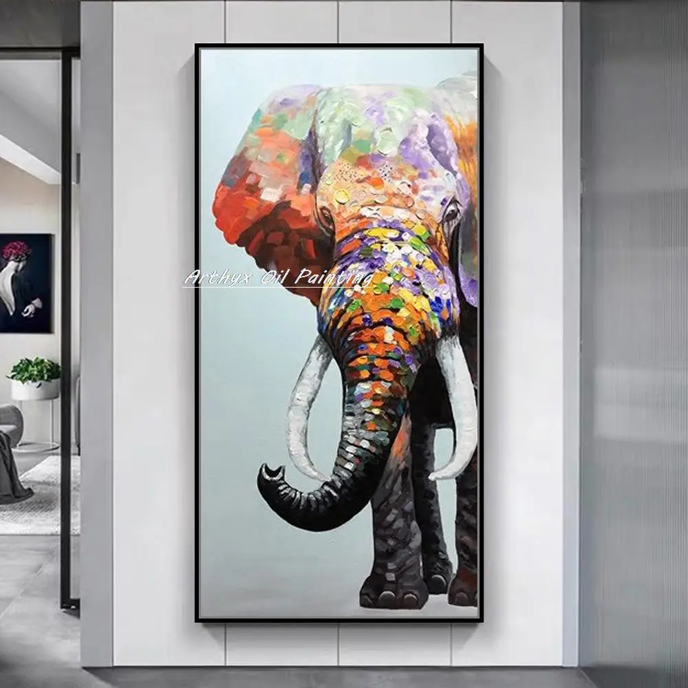 Arthyx Handmade Modern Abstract Elephant Animal Oil Painting On Canvas,Pop Art,Wall Picture For Living Room,Home Decoration,Gift