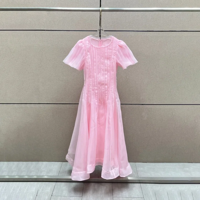 Verão 2025 feminino em torno do pescoço dupla camada tecido trabalho pesado vestido de manga curta y2k alta qualidade moda rua a linha saia