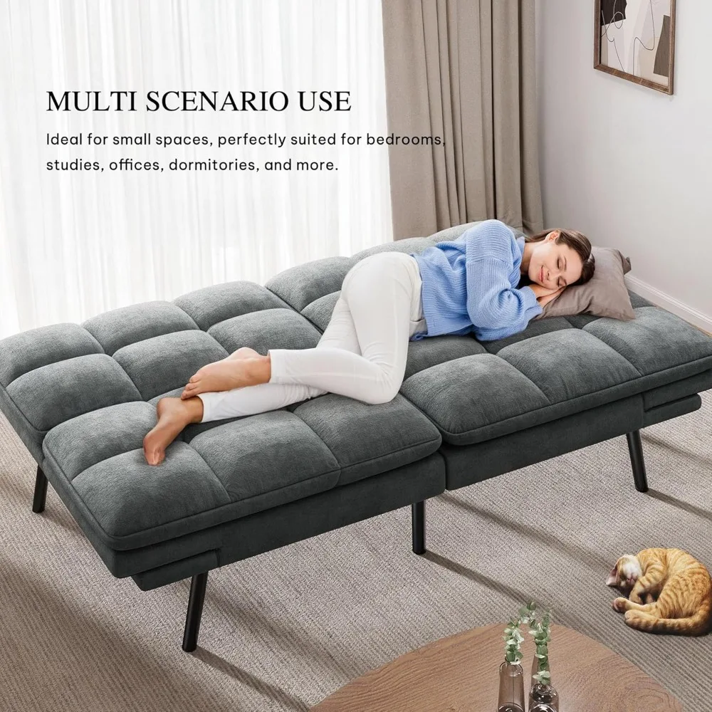 

70" Convertible Futon - Cat-Proof Fabric Sofa Bed w/ Adjustable Back & Arms"​