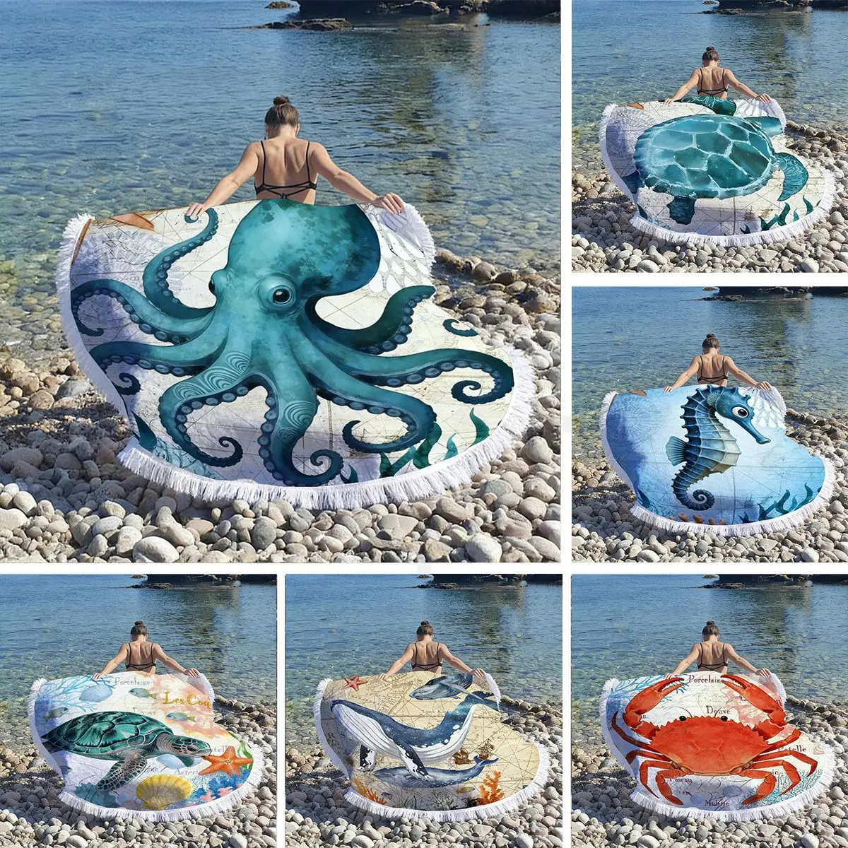 Marine Life Crab Round Beach Towel Quick Dry Absorbent Microfiber Yoga Mat Sandproof Outdoor Picnic Blanket for BeachTravel Pool