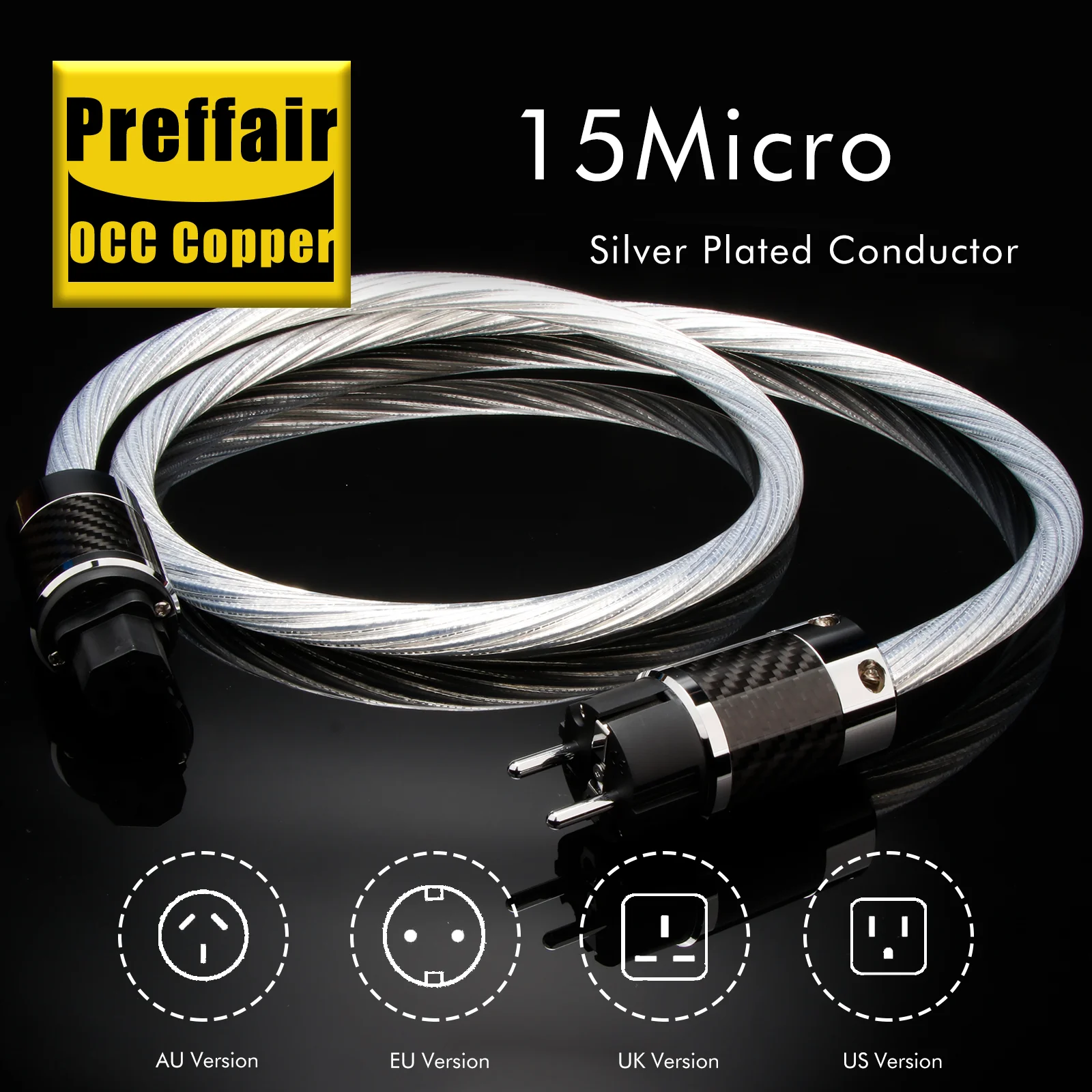 HiFi Silver Power Cable 8N occ silver plated Audiophile Power Cord with EU/US gold plated C15 female Plugs
