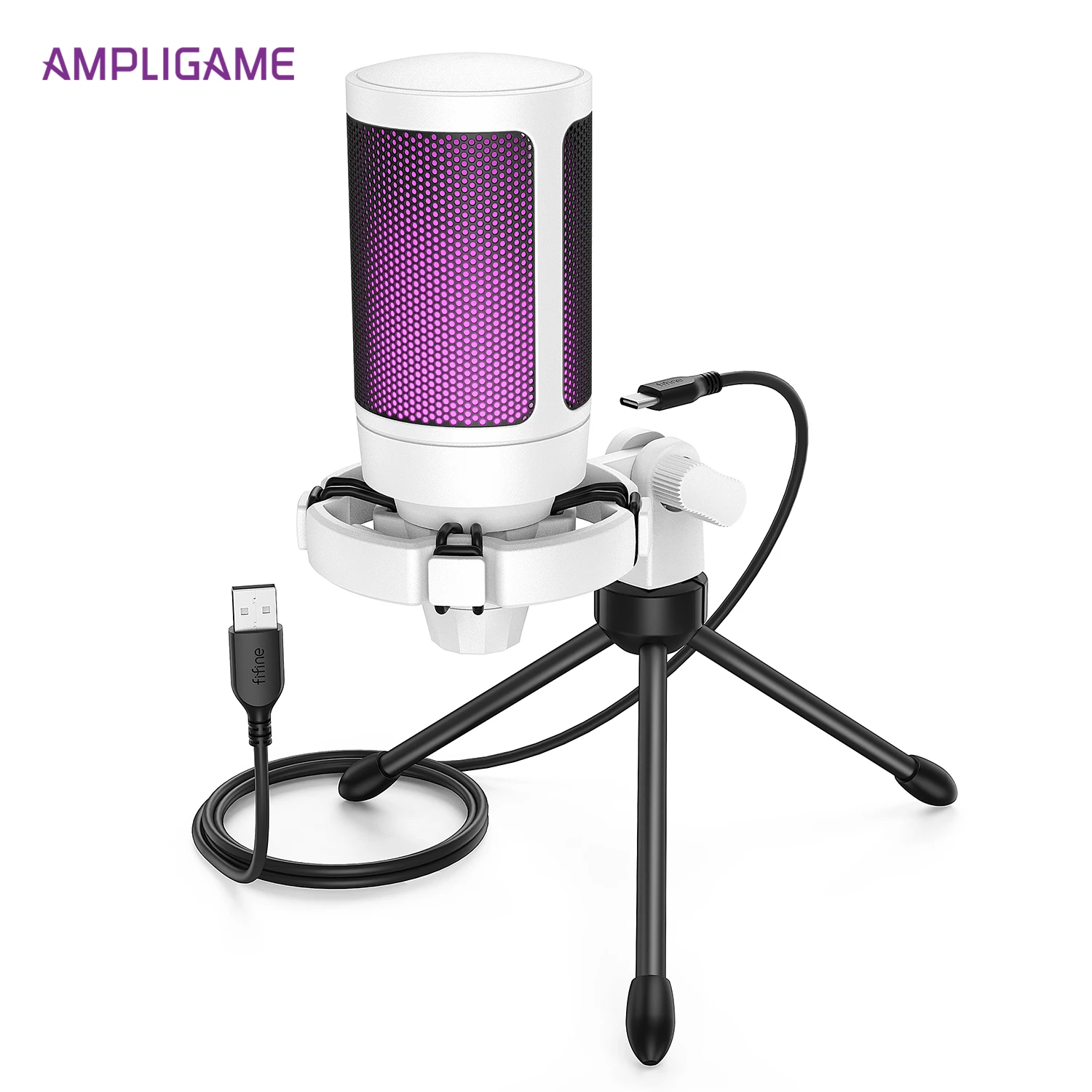 퀵 음소거 기능이 있는 AmpliGame USB 게이밍 마이크, PC, PS5, 노트북 스트리밍, 팟캐스팅용 삼각대가 RGB 콘덴서 마이크 -A2W 화이트
